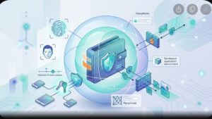 Современная иллюстрация аппаратного криптокошелька с элементами кибербезопасности для руководства по защите приватности данных